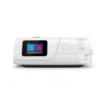 A white ResMed CPAP machine with a digital touch screen display and a clear humidifier cup, shown on a clean white background.